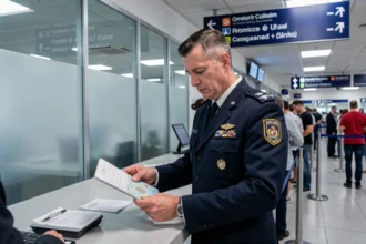 Agent des douanes en uniforme contrôlant un passeport au comptoir de dédouanement d'un aéroport international