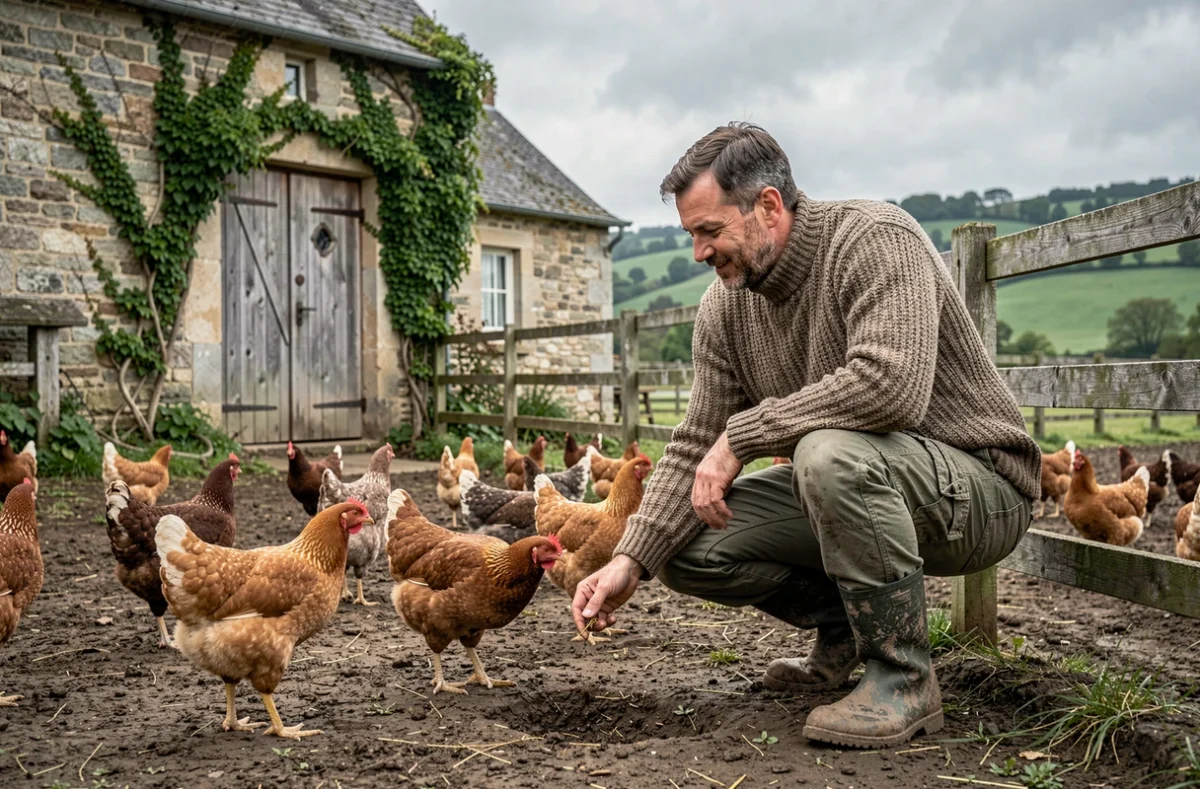 Agriculteur nourrissant ses poules dans la cour d'une ferme auberge rurale avec une grange en pierre en arrière-plan