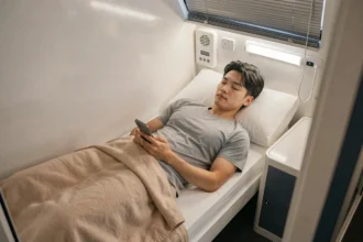 Homme réglant une alarme sur son smartphone dans un pod d'hôtel capsule au Japon