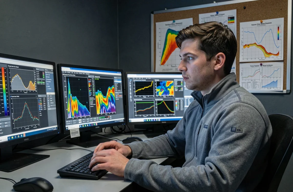 Analyste météo masculin dans une salle de contrôle examinant des données de température, de vent et de précipitations sur plusieurs écrans