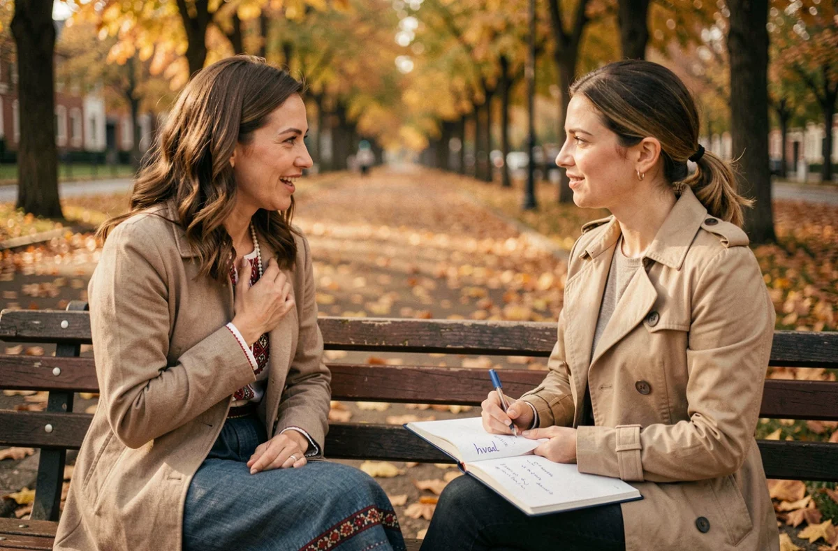 Deux femmes pratiquant l'échange linguistique en plein air avec des notes phonétiques sur le mot hvala