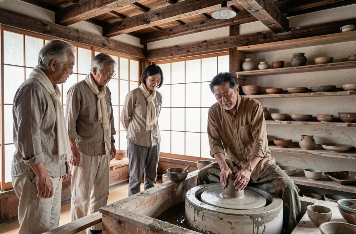 Touristes observant un artisan japonais en atelier de poterie traditionnelle à Kyoto, symbole du tourisme culturel immersif