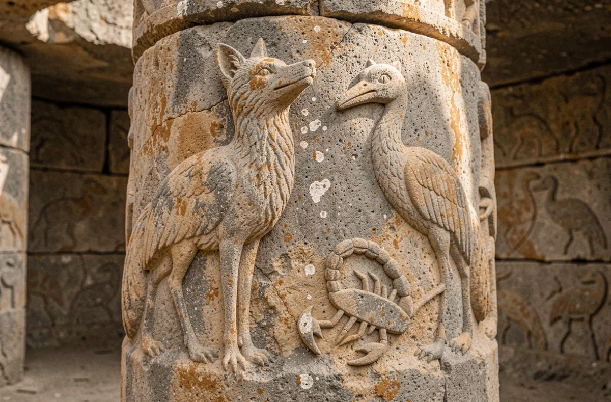 Détail des bas-reliefs sculptés sur un pilier en calcaire de Göbekli Tepe représentant des animaux