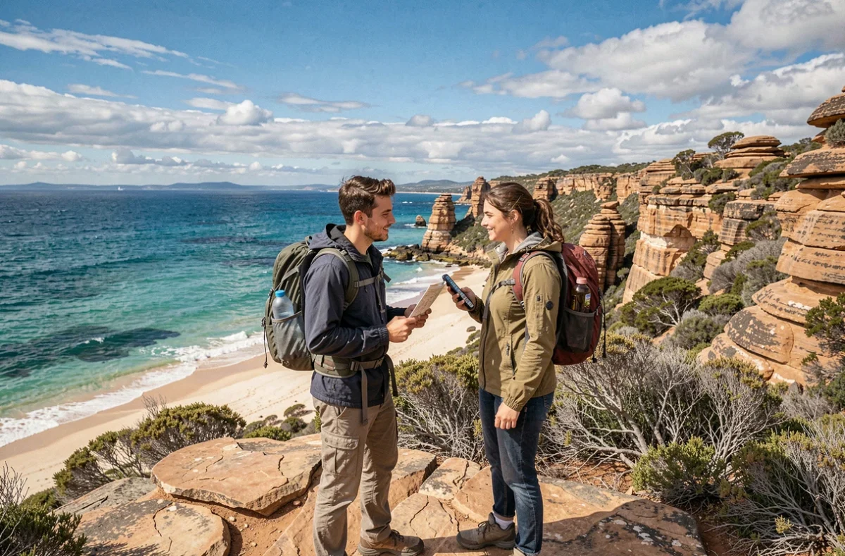 Couple de voyageurs planifiant leur budget pour trois mois en Australie face à un paysage côtier
