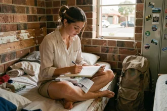 Voyageuse consultant son budget de voyage en Australie dans un dortoir d'auberge de jeunesse
