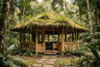 Bungalow écologique en bambou et bois recyclé intégré dans une forêt tropicale dense, toiture végétalisée et chemin en pierre naturelle