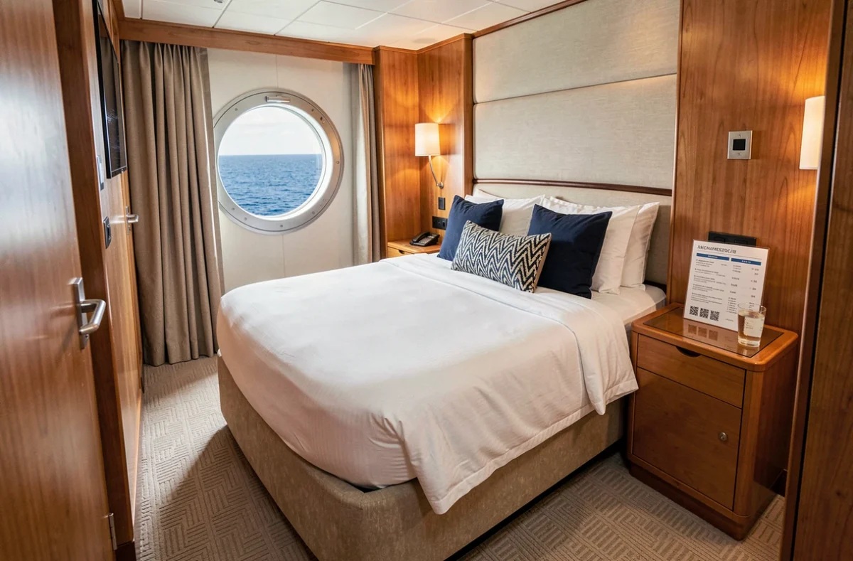Cabine intérieure d'un navire de croisière avec hublot vue sur mer pour un voyage de 7 jours
