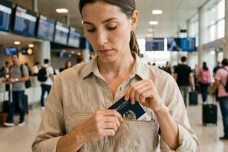 Voyageuse glissant son passeport dans une poche intérieure cachée de sa veste de voyage dans un aéroport