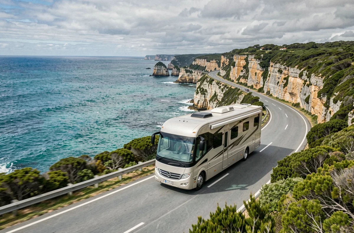 Camping-car sur la Great Ocean Road longeant les falaises côtières de Victoria en Australie
