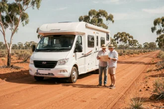 Camping-car blanc garé sur une piste de terre rouge en Australie avec un couple consultant une carte