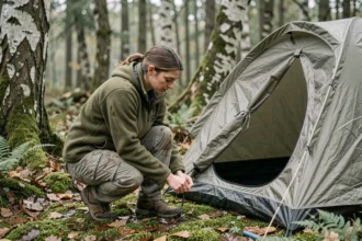 Femme installant une tente de bivouac dans une forêt ardennaise en Belgique pour un camping sauvage