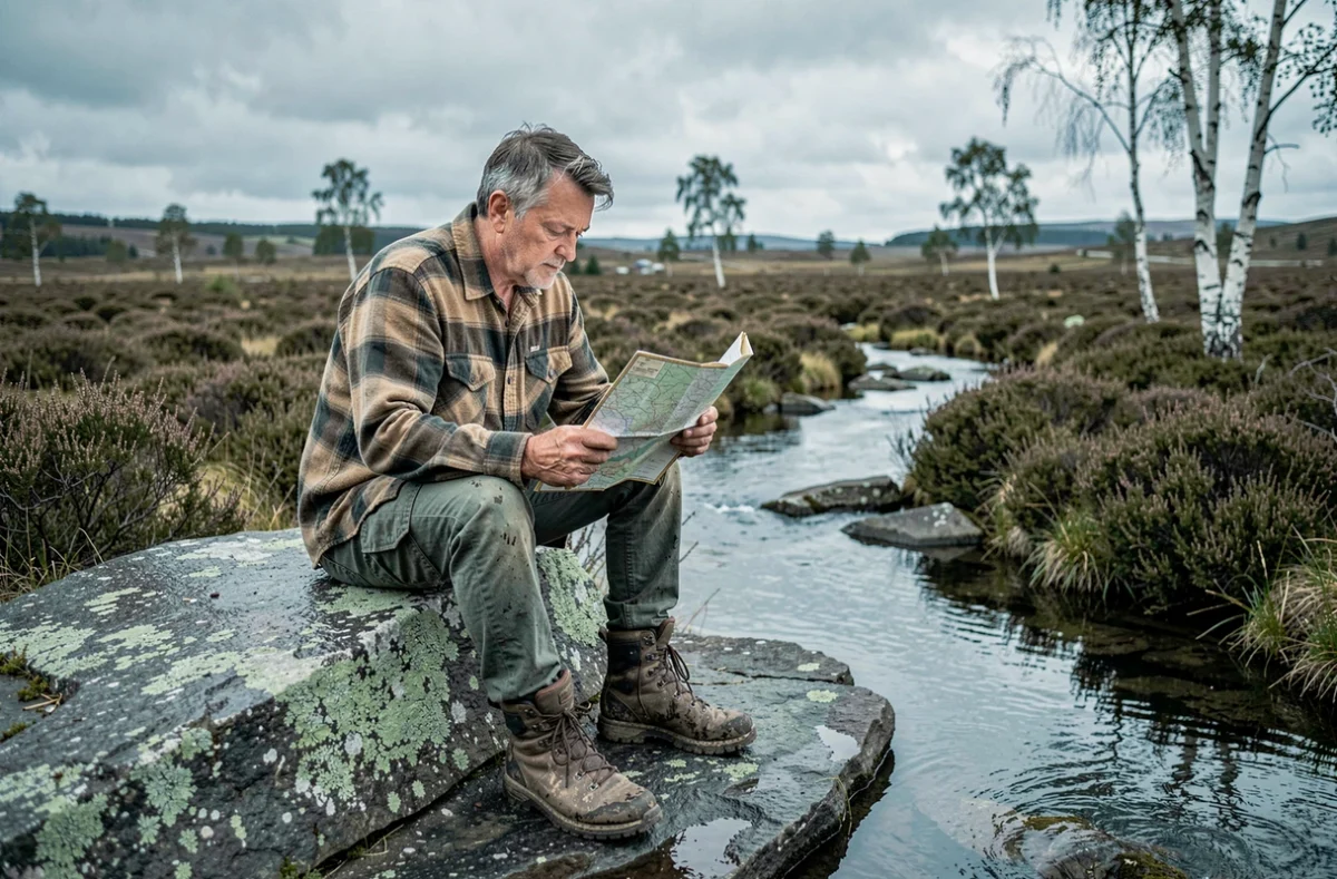 Randonneur consultant une carte topographique près d'un ruisseau dans les Hautes Fagnes pour planifier un bivouac sauvage