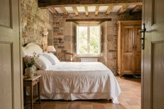 Chambre d'hôtes chaleureuse en pierre avec poutres apparentes et literie blanche dans la campagne française