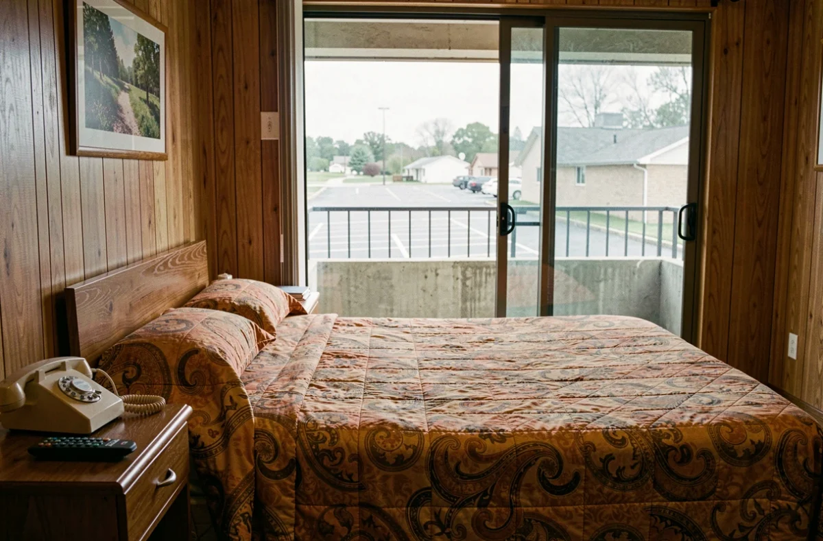 Intérieur typique d'une chambre de motel avec couvre-lit à motifs, téléphone rétro et porte vitrée donnant sur un parking