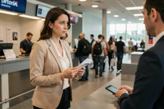 Femme au comptoir d'enregistrement d'un aéroport tenant un billet d'avion et un smartphone, discutant d'un échange de billet avec un agent