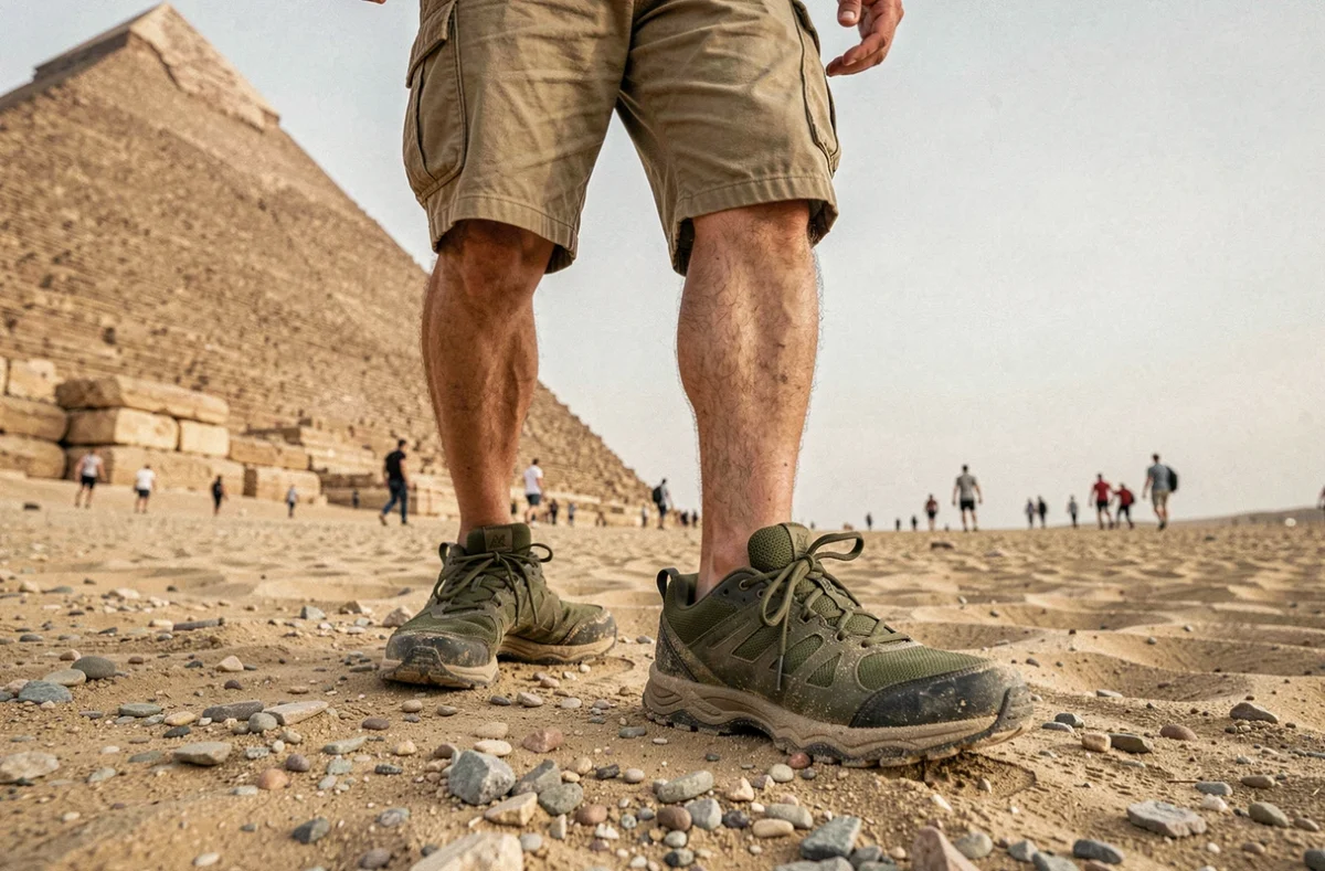 Chaussures de trail basses adaptées au sol sablonneux et rocailleux autour des pyramides de Gizeh