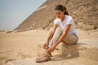 Femme ajustant ses sandales de randonnée au pied de la Grande Pyramide de Gizeh, chaussures adaptées à la visite des pyramides
