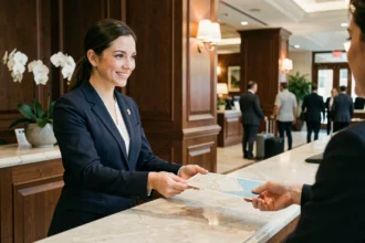 Concierge d'hôtel en blazer marine tendant un plan de ville à un client à la réception en marbre d'un établissement haut de gamme