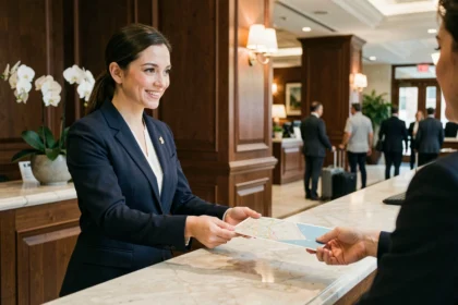 Concierge d'hôtel en blazer marine tendant un plan de ville à un client à la réception en marbre d'un établissement haut de gamme