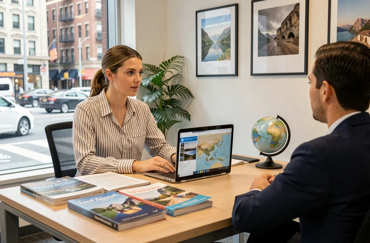 Conseillère en agence de voyage discutant d'un itinéraire de voyage avec un couple de clients dans un bureau moderne