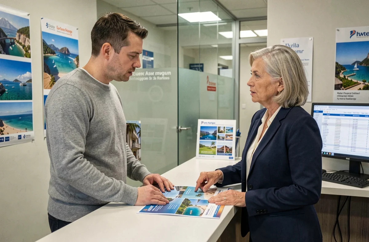 Client consultant un agent de voyage en agence pour vérifier la fiabilité de ses services