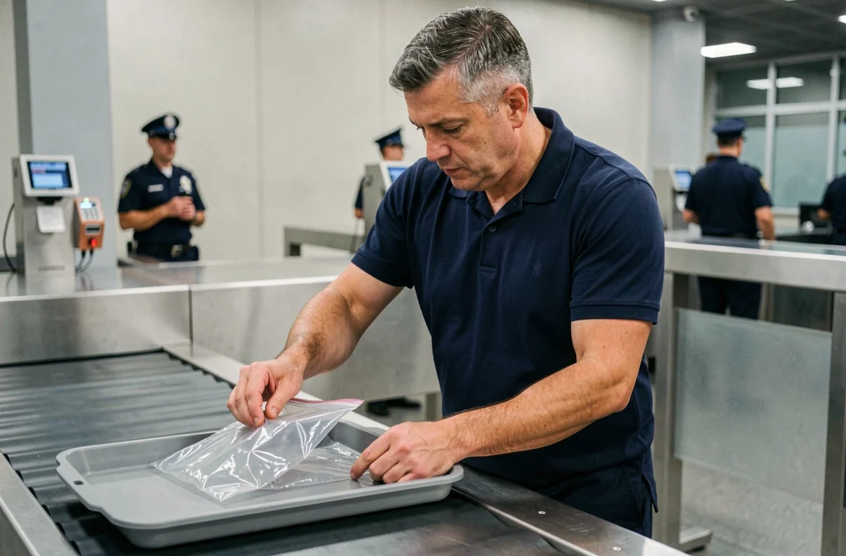 Homme déposant son sac de liquides contenant du dentifrice sur le tapis du contrôle de sécurité à l'aéroport