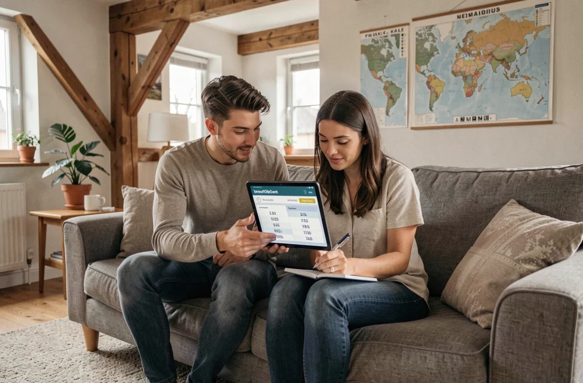 Couple comparant les budgets de location Airbnb sur une tablette dans un appartement de vacances