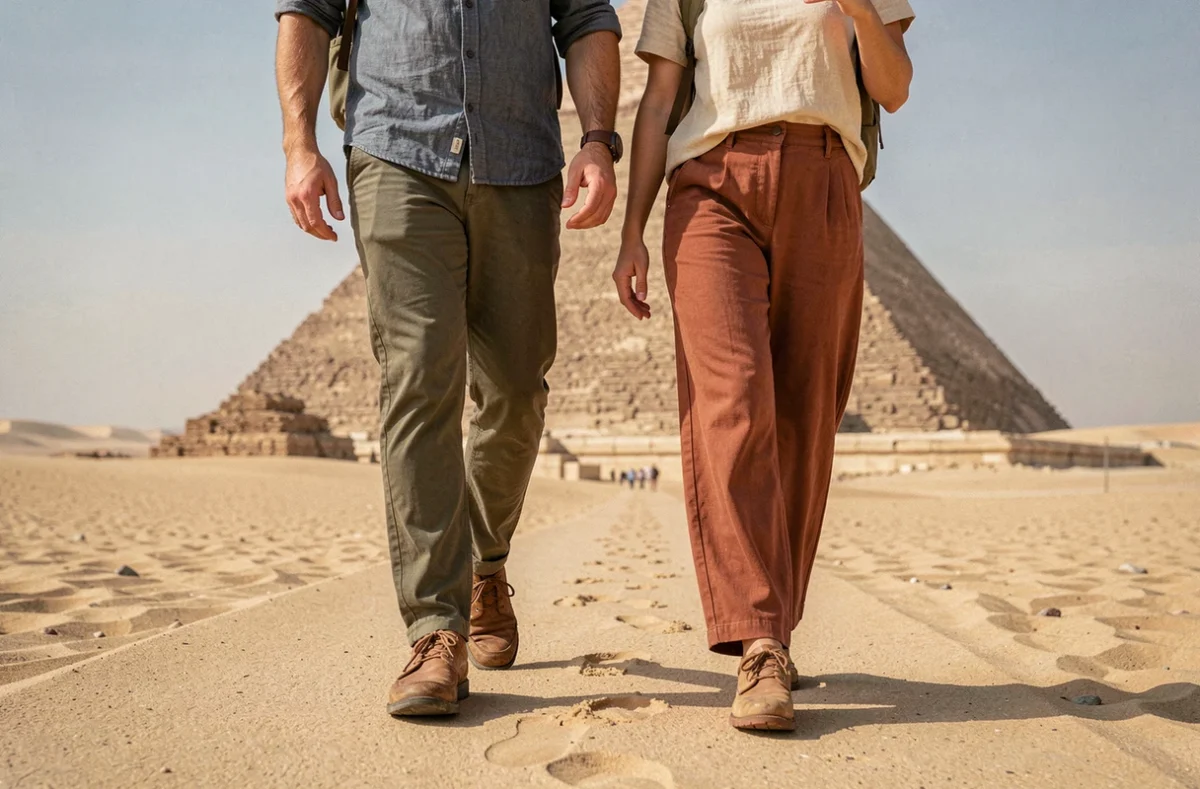 Couple portant des chaussures de marche en cuir fermées pour visiter les pyramides de Gizeh, conseils chaussures voyage Égypte