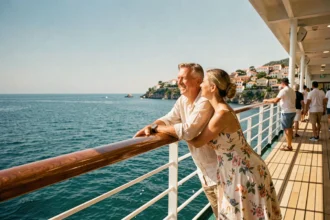 Couple profitant d'une croisière de 7 jours en Méditerranée depuis le pont d'un paquebot de luxe