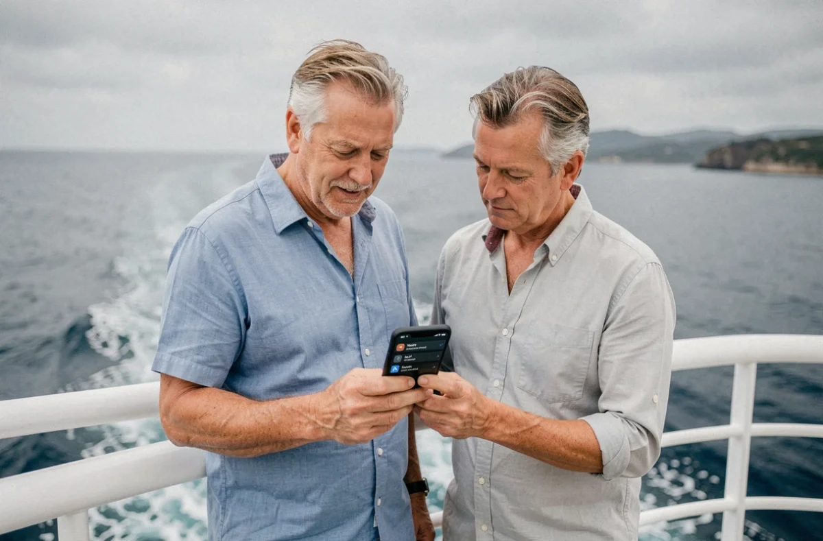 Couple de vacanciers consultant les paramètres de mode avion sur un smartphone à l'arrière d'un navire de croisière