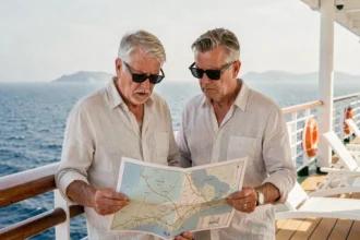 Couple de passagers examinant le plan des ponts d'un navire de croisière en plein air