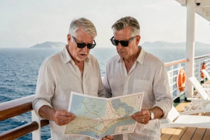 Couple de passagers examinant le plan des ponts d'un navire de croisière en plein air