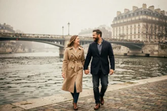 Couple amoureux marchant main dans la main le long de la Seine à Paris avec le Pont des Arts en arrière-plan