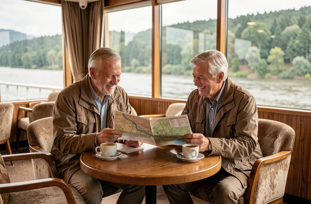 Couple de seniors consultant une carte fluviale dans le salon panoramique d'un bateau de croisière