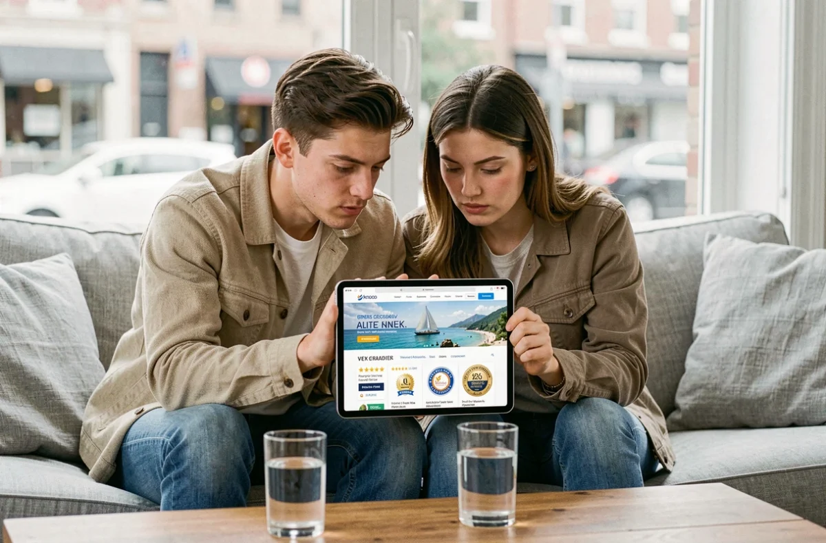 Couple vérifiant la fiabilité d'une agence de voyage en ligne sur une tablette numérique
