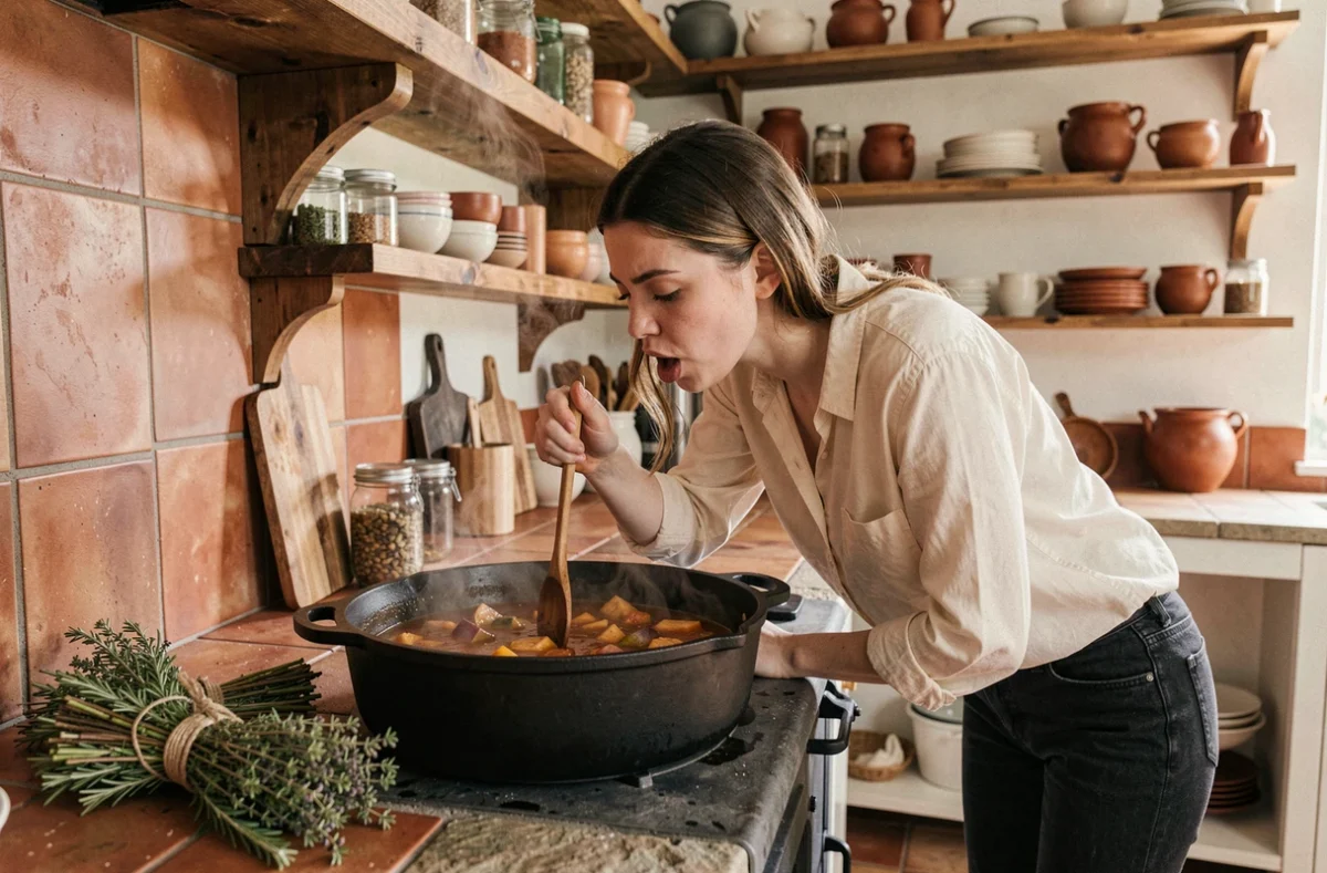 Cuisinière goûtant un ragoût maison dans la cuisine authentique d'une ferme auberge avec des étagères en bois et un poêle à bois