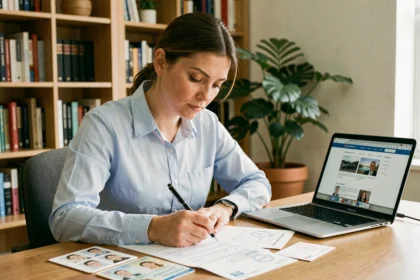 Femme remplissant un formulaire de demande de permis de conduire international à son bureau à domicile