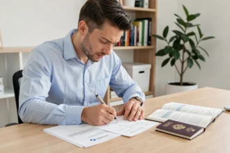 Homme remplissant un formulaire de demande de permis de conduire international à son bureau avec son passeport ouvert