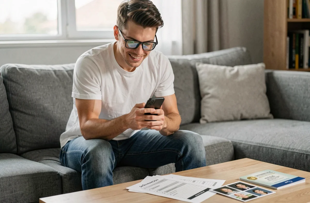 Jeune homme complétant une demande de permis de conduire international en ligne sur son smartphone