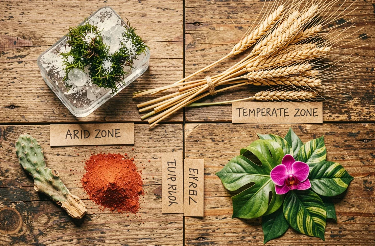 Composition flat-lay représentant les quatre zones climatiques avec des éléments naturels sur une table en bois