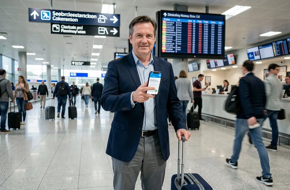 Homme consultant la confirmation d'enregistrement en ligne sur son smartphone dans un terminal d'aéroport