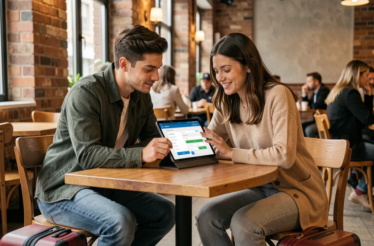 Couple réalisant l'enregistrement en ligne sur une tablette dans un café avant un voyage