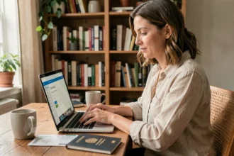 Femme effectuant un enregistrement en ligne sur un ordinateur portable avec passeport et carte d'embarquement sur le bureau