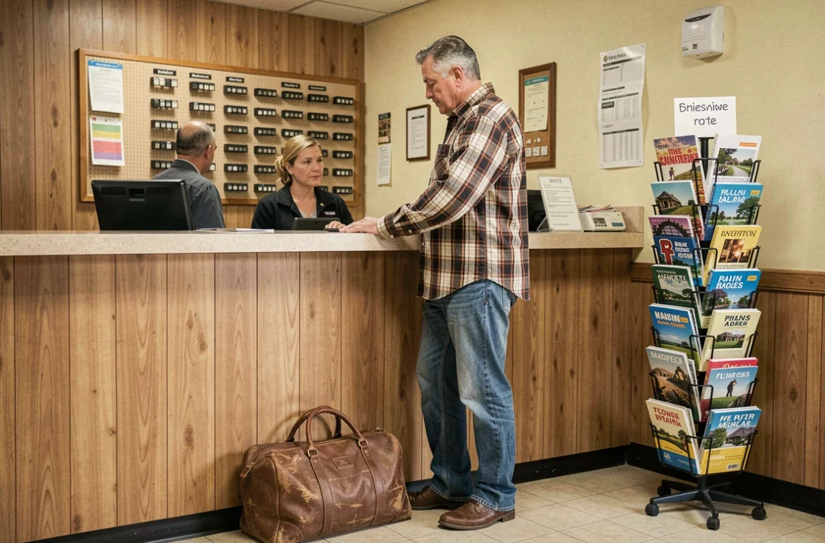 Voyageur d'âge mûr en train d'effectuer son enregistrement à la réception d'un motel avec panneau de clés et brochures touristiques