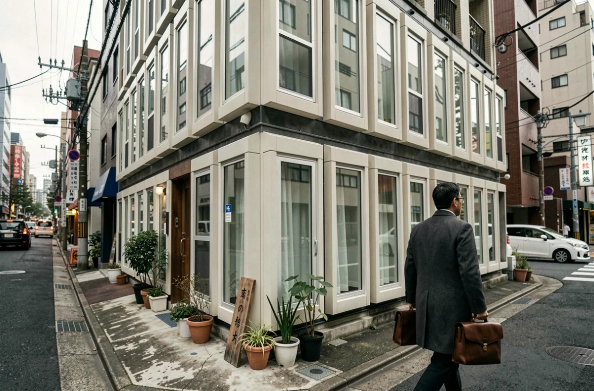 Façade extérieure d'un hôtel capsule urbain montrant la taille modulaire des pods par rapport à un passant adulte
