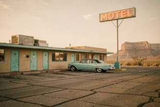 Façade d'un motel américain classique des années 1960 avec enseigne néon et parking en asphalte fissuré dans un paysage désertique