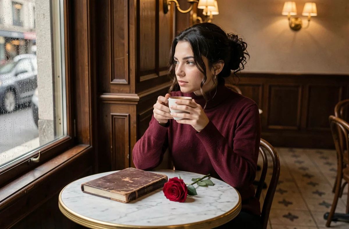 Femme seule dans un café parisien classique tenant une tasse d'espresso avec une rose rouge sur la table en marbre