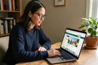 Femme comparant des sites de réservation de voyage sur un ordinateur portable dans un bureau à domicile