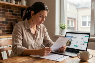 Femme consultant un contrat de location Airbnb et un récapitulatif de prix sur un ordinateur portable