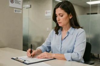 Femme remplissant un formulaire administratif dans une salle d'attente de consulat belge